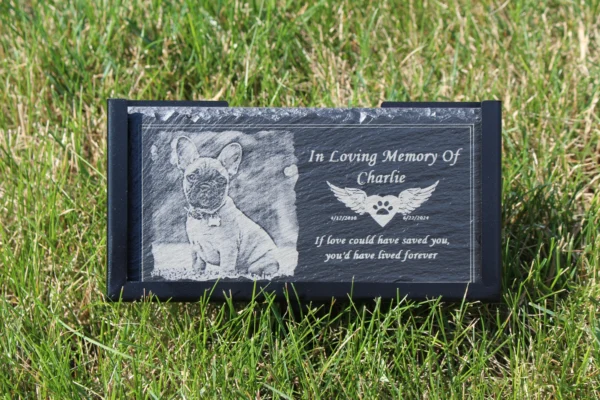 A dog memorial plaque in the grass.