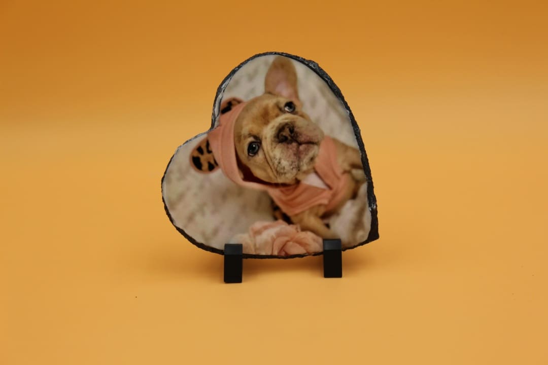 A dog is laying on the ground in front of a heart shaped picture.