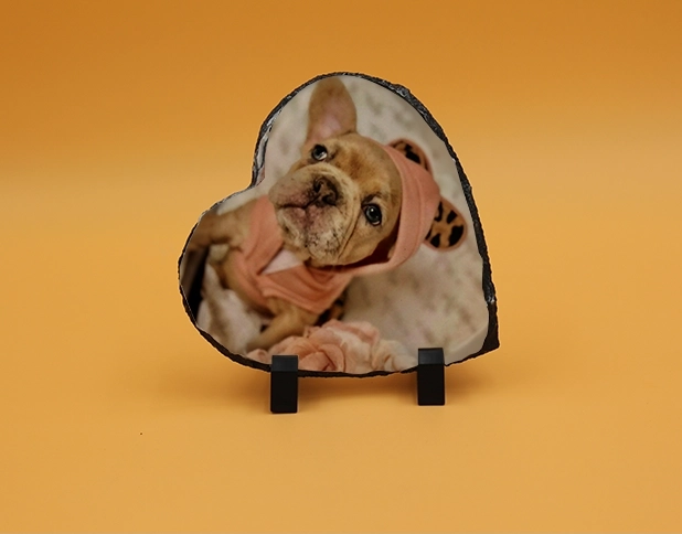 A picture of a dog on the side of a heart shaped stone.